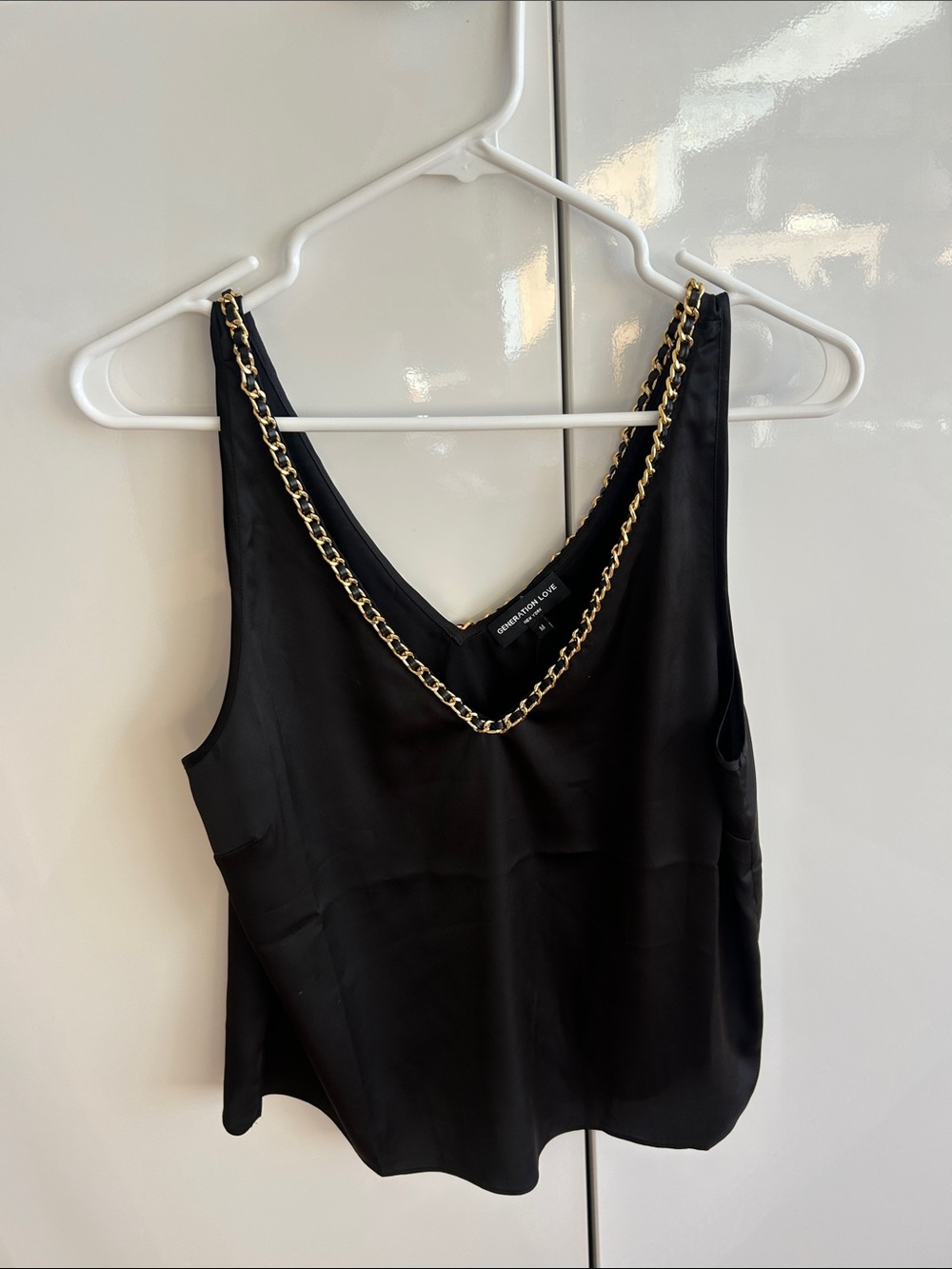 Generation Love Chain-Detail Black Satin Tank Top